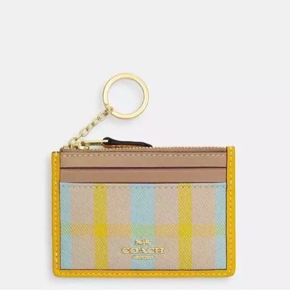 NWT Coach Mini Skinny Id Case With Plaid Print CBL88 Bright Maize Multi - Picture 1 of 5